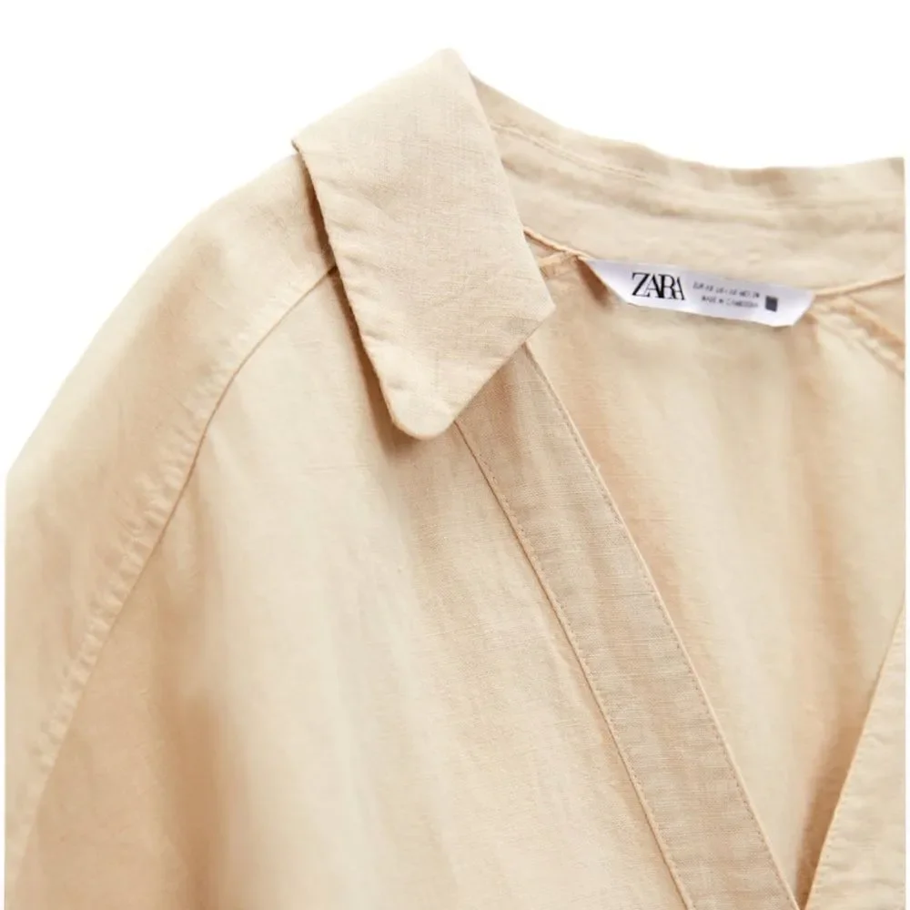 Zara Sand Short Linen Playsuit Size M NWT Button Front Patch Pocket Romper